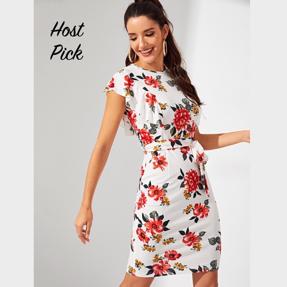 Rouge! Dresses & Skirts - Ruffle Detail Floral Bodycon White Belted Dress